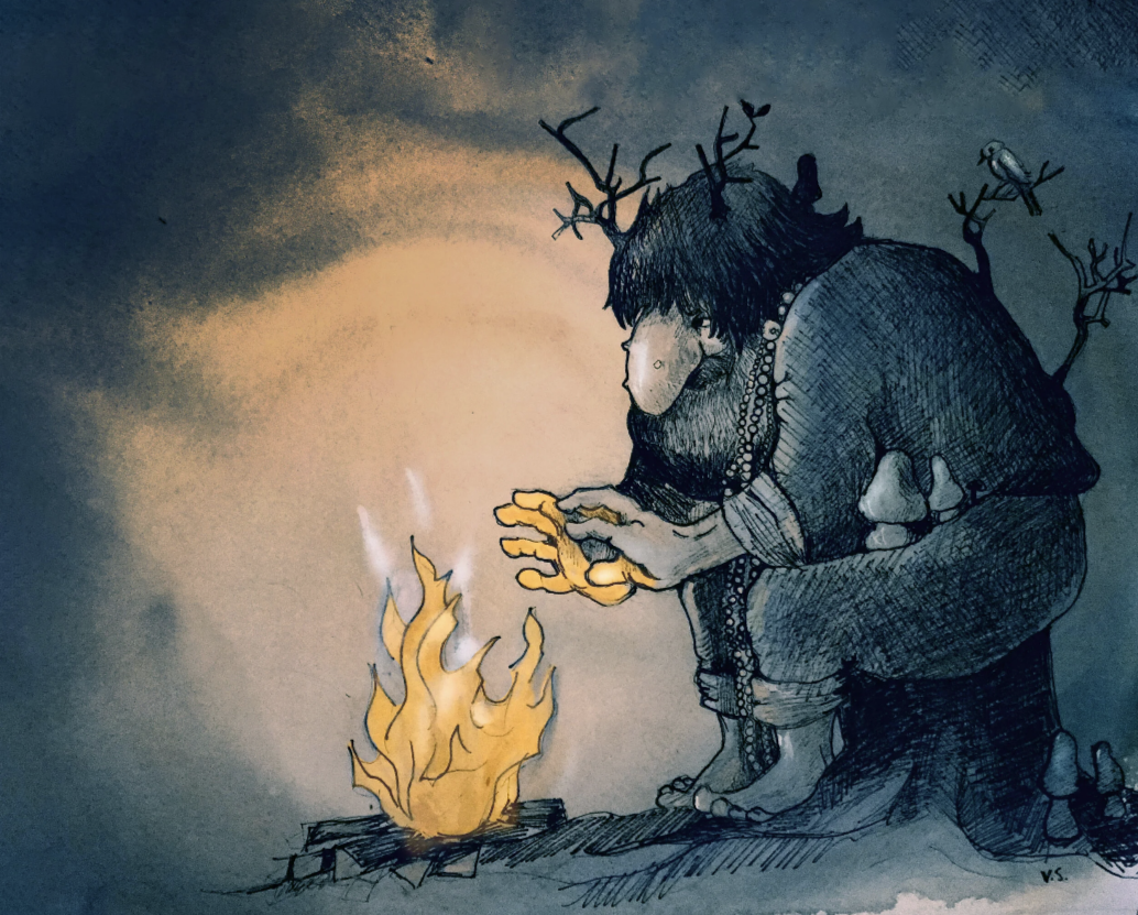 En illustration av ett troll med ett stort, mörkt hår, sittandes på en stubbe, och värmer sina händer över en öppen eld.