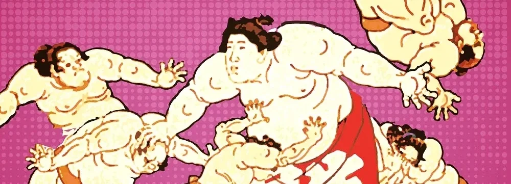 En klassisk karikatyr av sumobrottare som slåss mot varandra på en rosa prickig bakgrund.