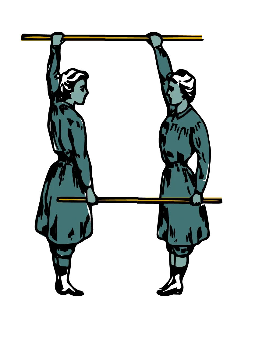 Två personer som speglar sig i varandra, hållande varsin lång pinne, klädda i mörka kläder.