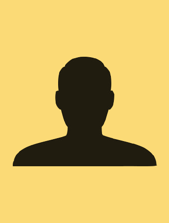 En svart silhuett av en person med kort hår mot en gul bakgrund.