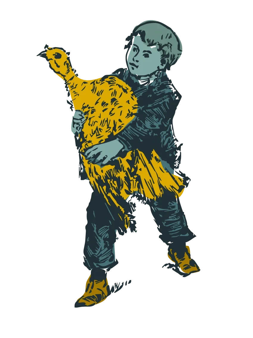 En tecknad illustration av en pojke som bär en gul fågel.