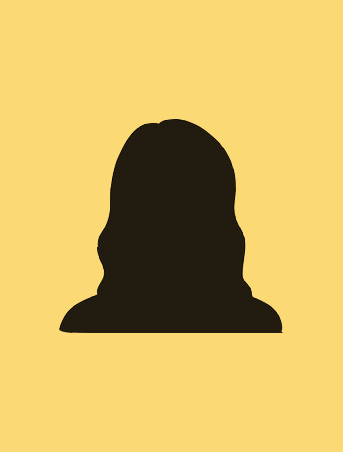En svart silhuett av en person med långt hår mot en gul bakgrund.