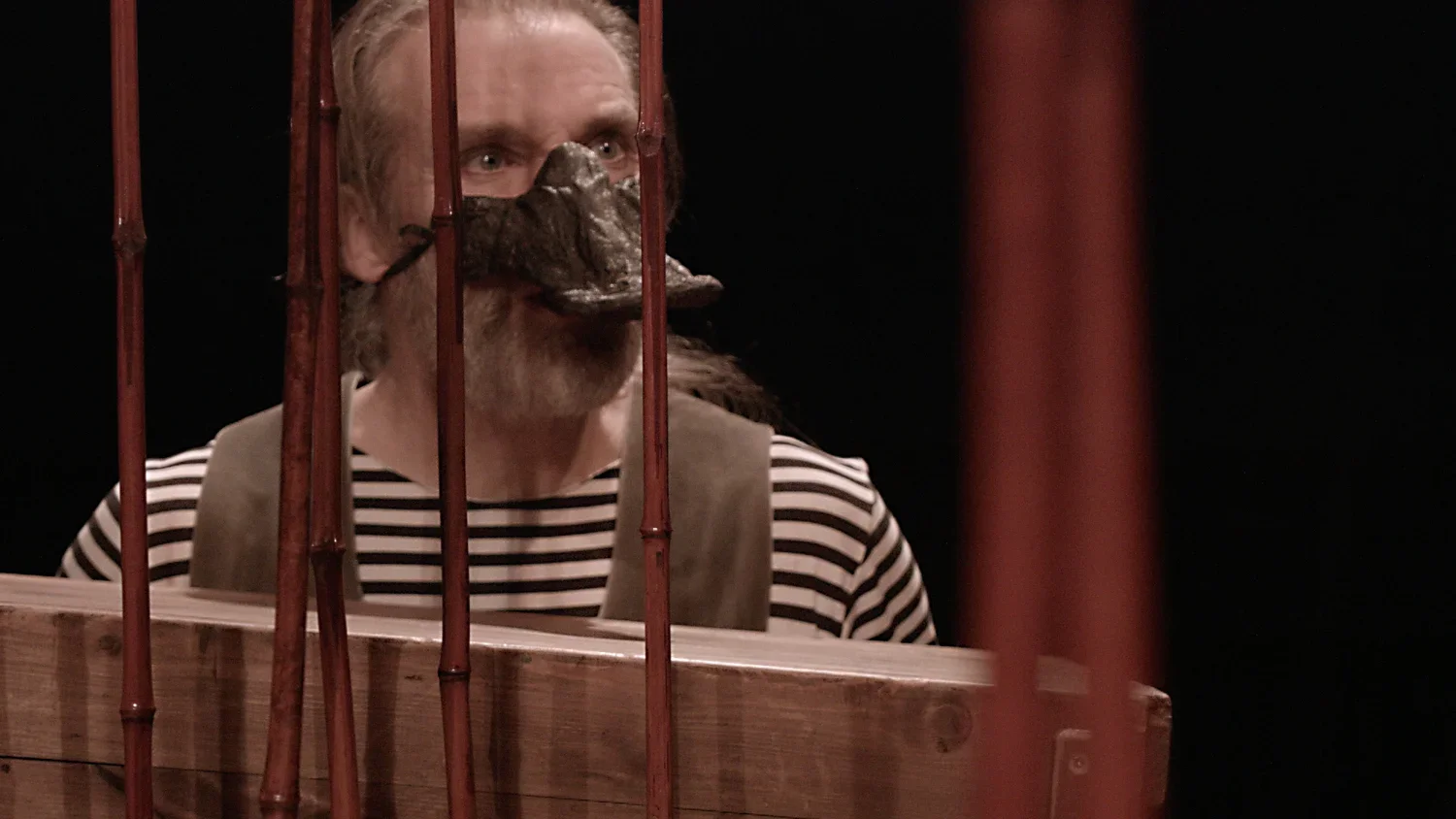 Man med långt hår och skägg, som bär en mask med en anknäbb, syns genom ett järngaller.