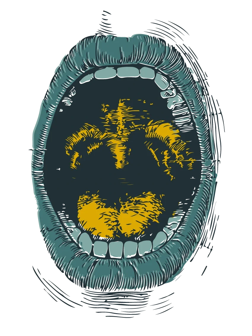 Illustration av en öppen mun med synliga tänder.