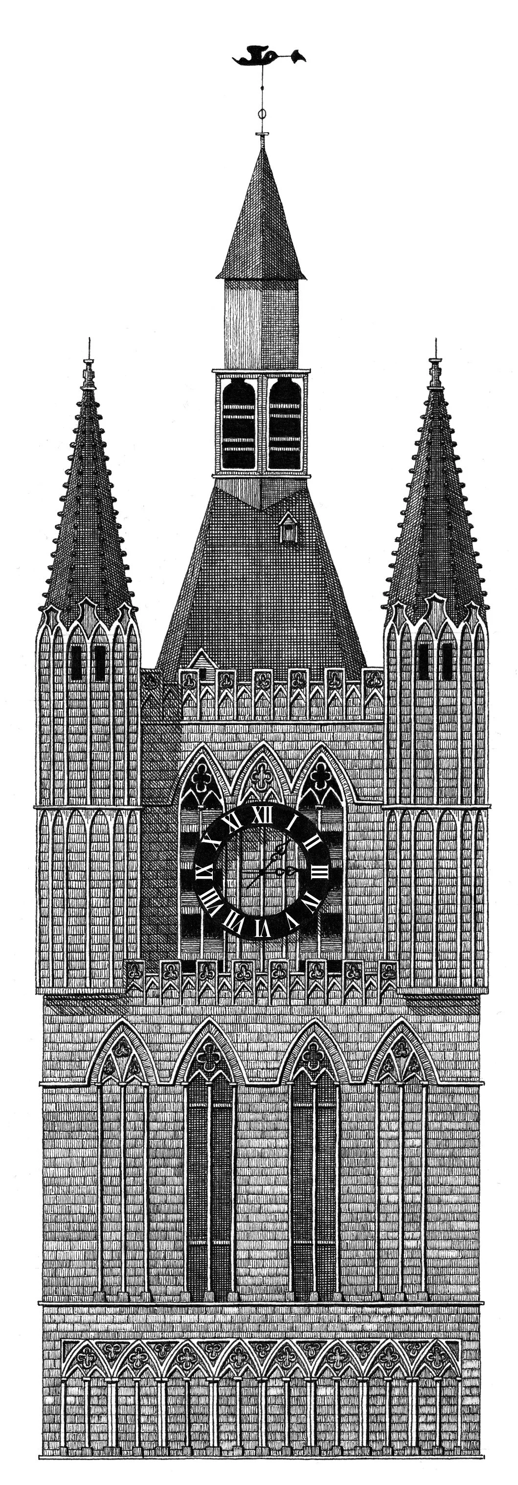 Traditional pen and ink illustration of the Cloth Hall in Ypres