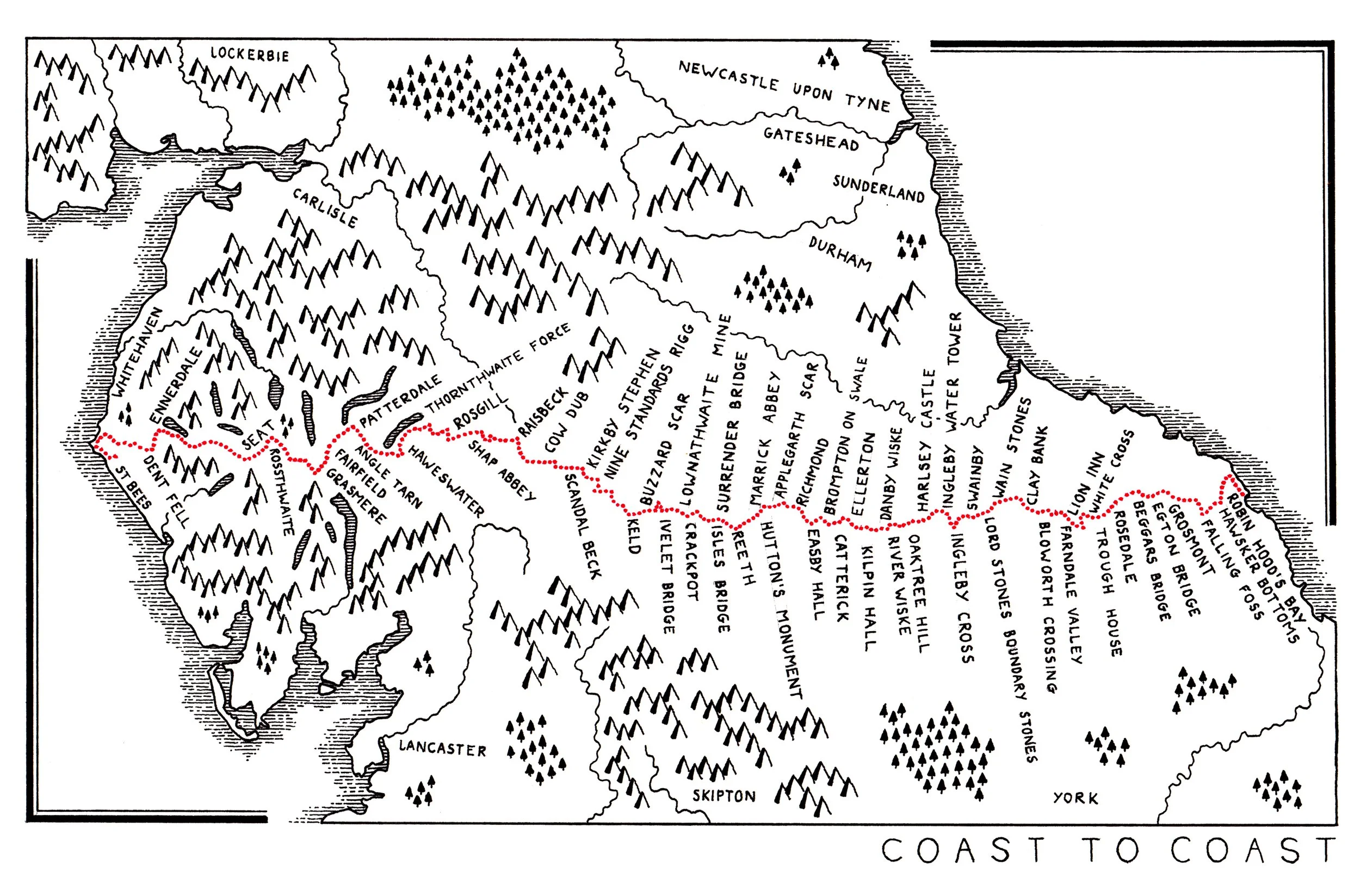 Traditional pen and ink map illustration of the Coast to Coast walk in the UK