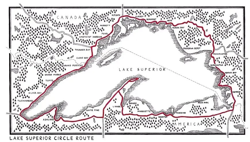 Traditional pen and ink map illustration of Lake Superior