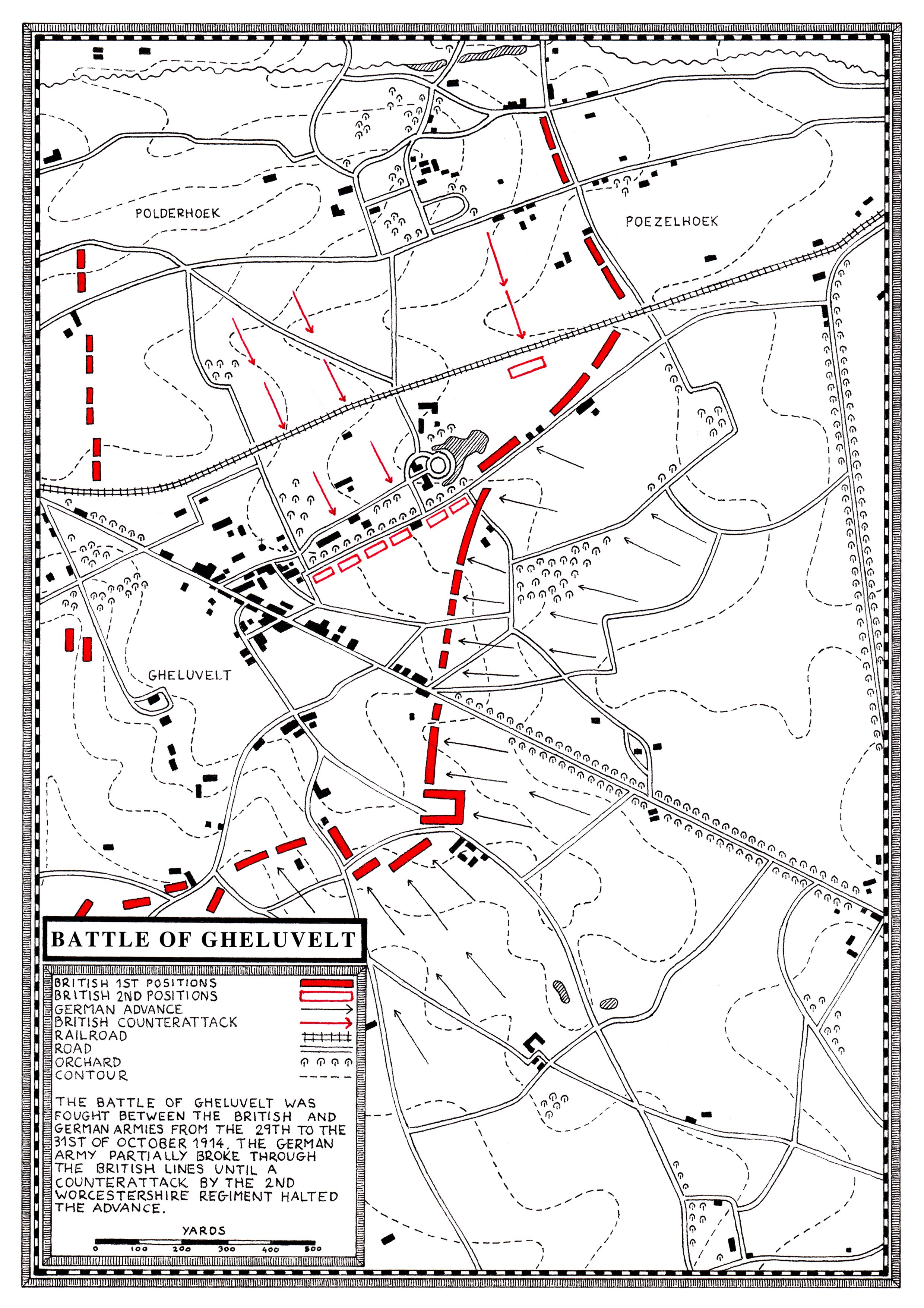Traditional pen and ink map illustration of the Battle Of Gheluvelt