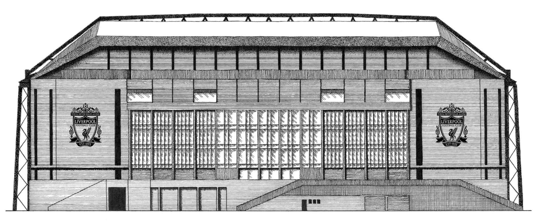 Traditional pen and ink illustration of Anfield Stadium in Liverpool