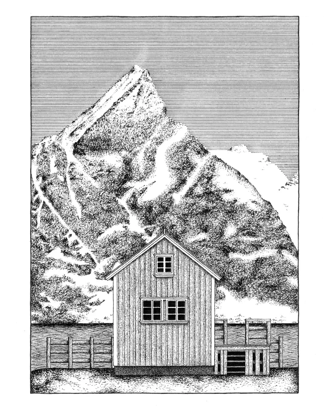 Traditional pen and ink landscape illustration of the Lofoten islands in Norway