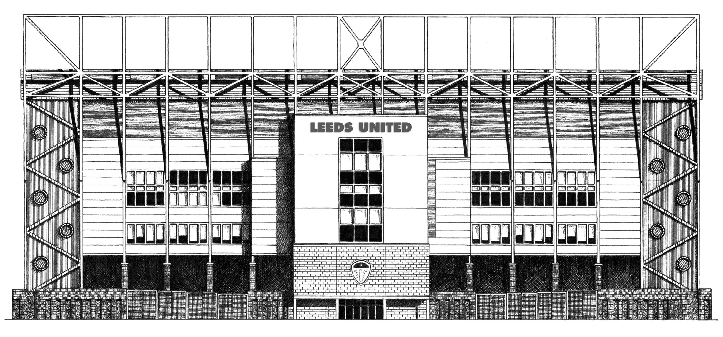 Traditional pen and ink illustration of Elland Road stadium in Leeds