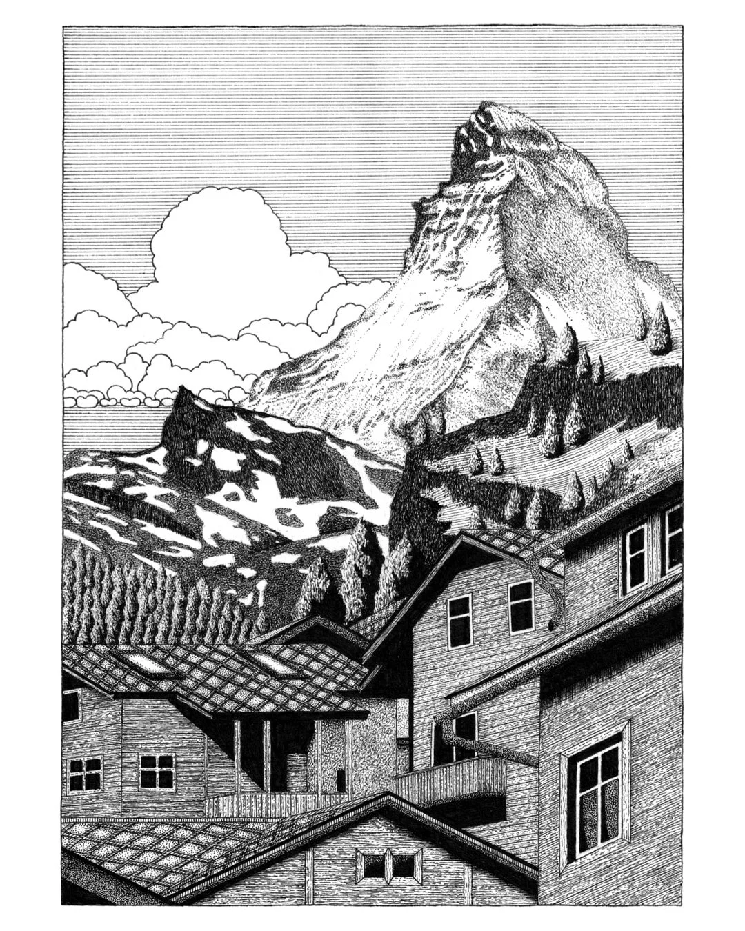 Traditional pen and ink illustration of the Matterhorn