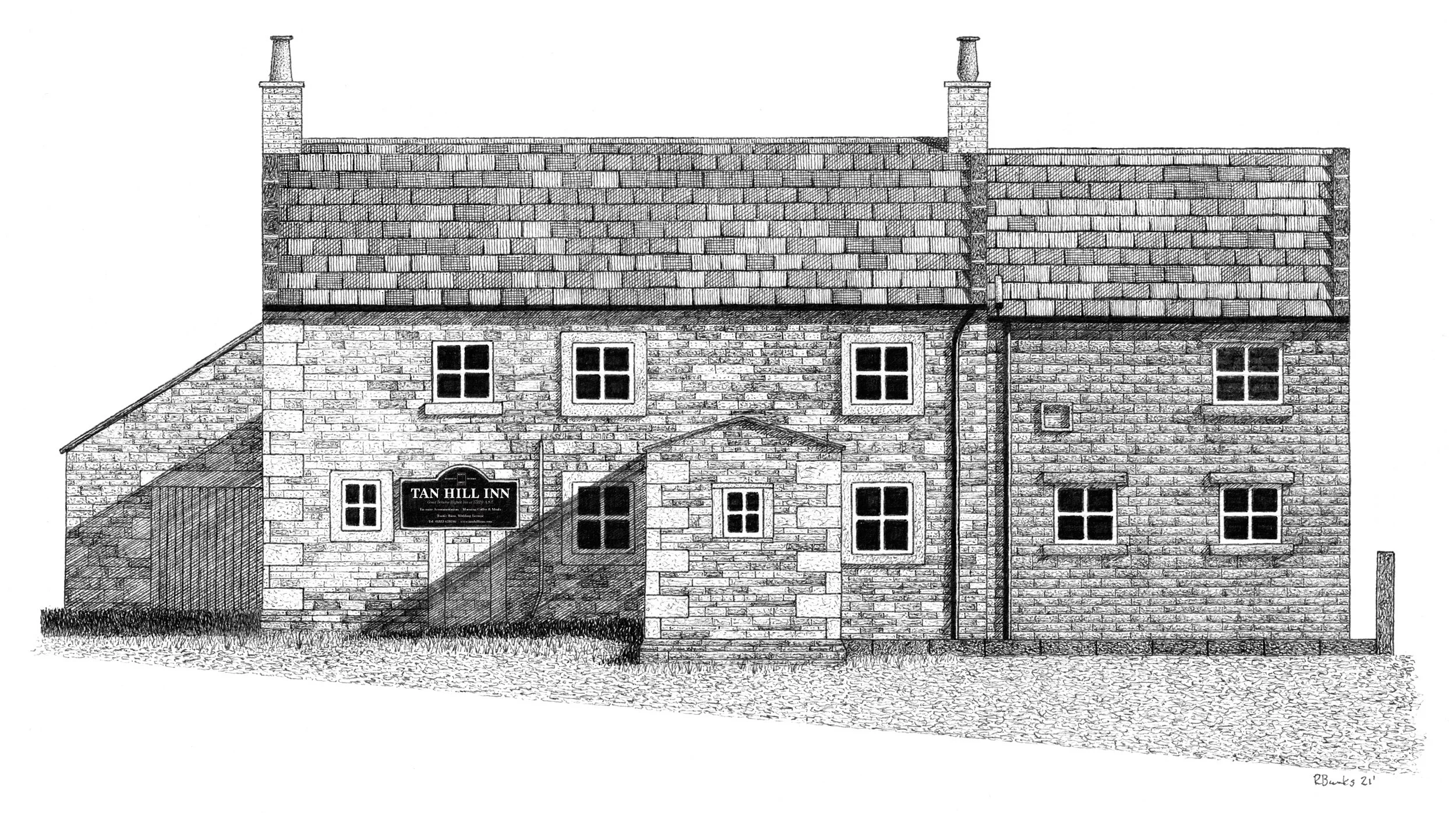 Traditional pen and ink illustration of the Tan Hill Inn in Yorkshire