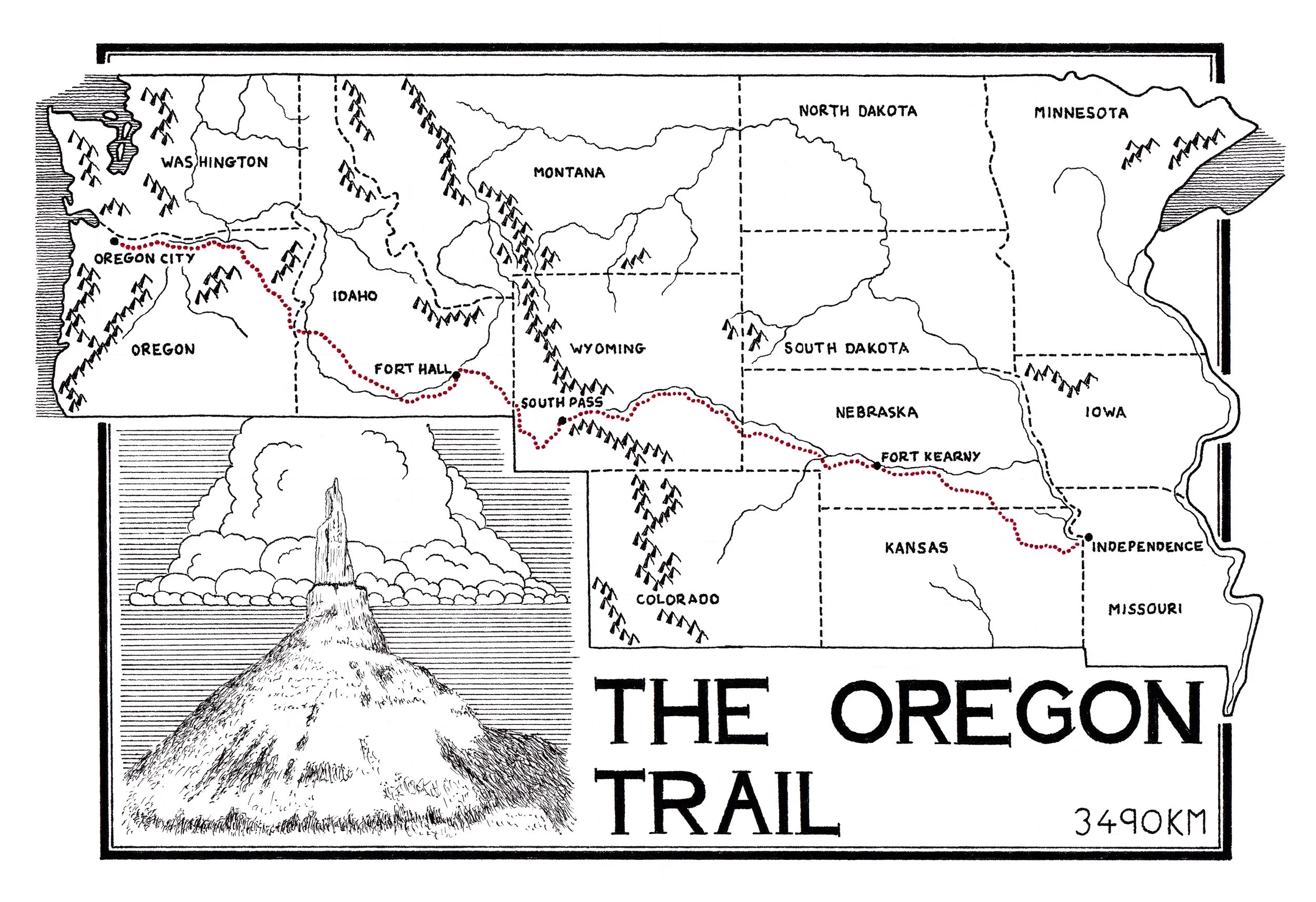 Traditional pen and ink map illustration of the Oregon Trail