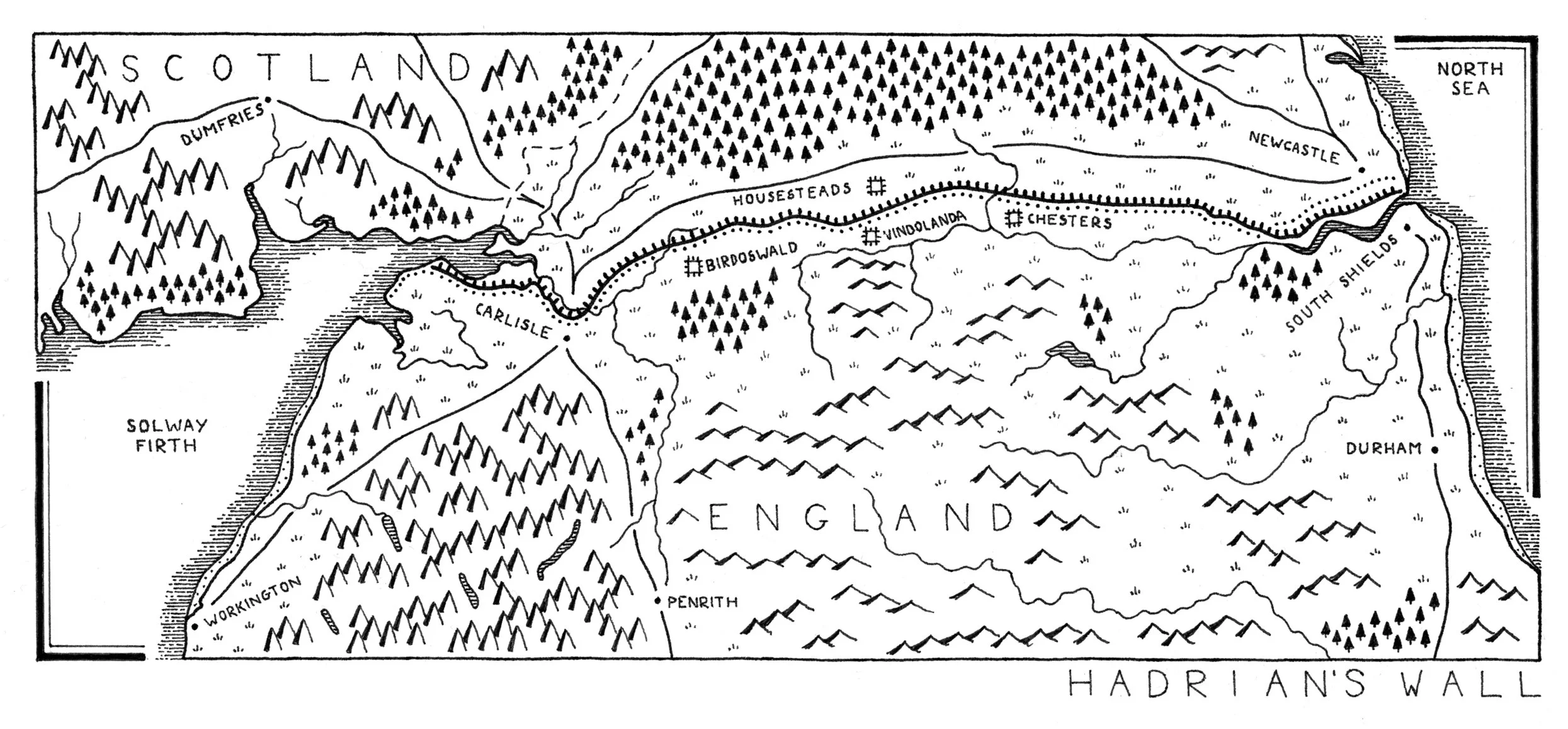 Traditional pen and ink map illustration of Hadrians Wall