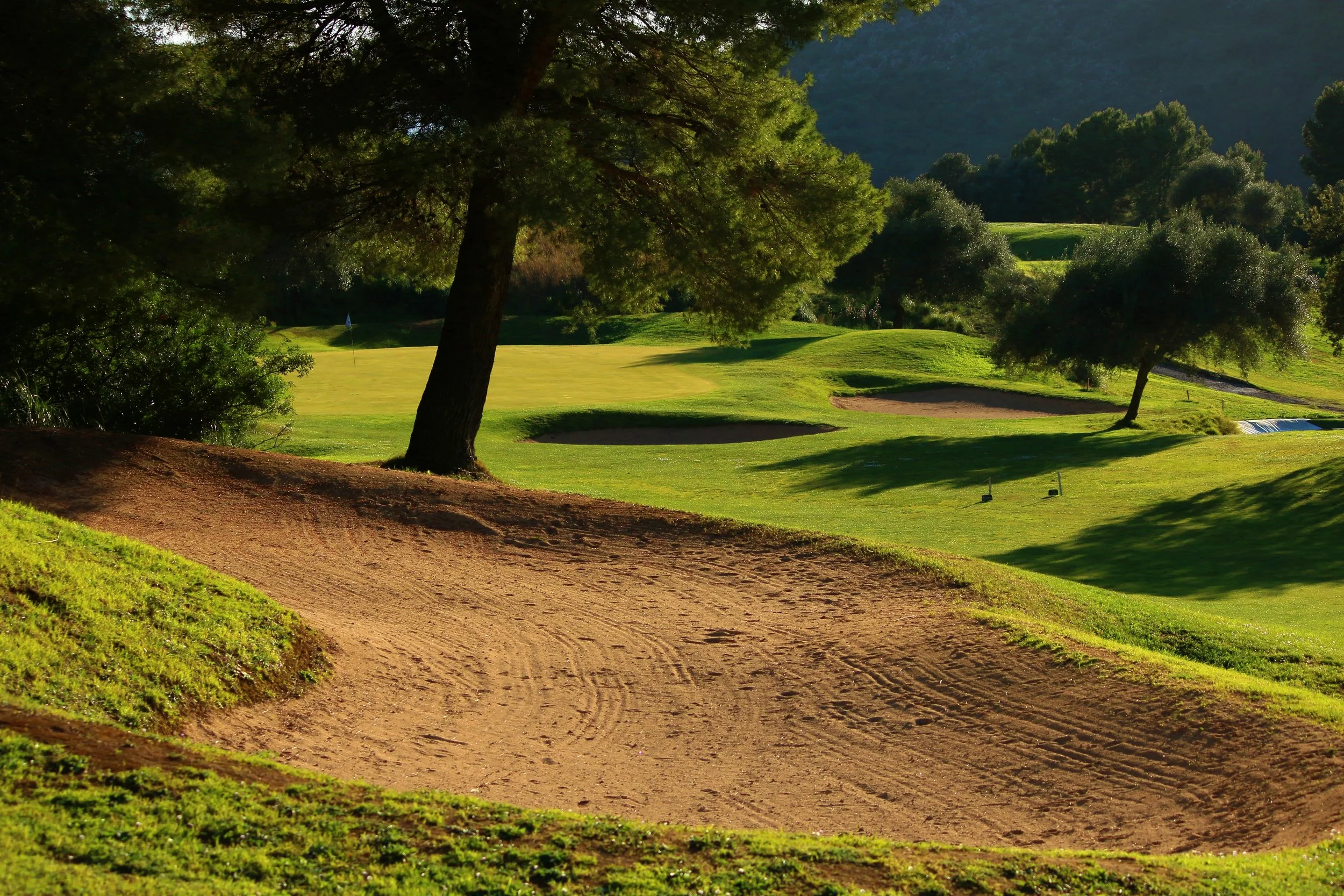 Campo de golf con árboles, búnker y césped verde, en un entorno natural con colinas y montañas al fondo.