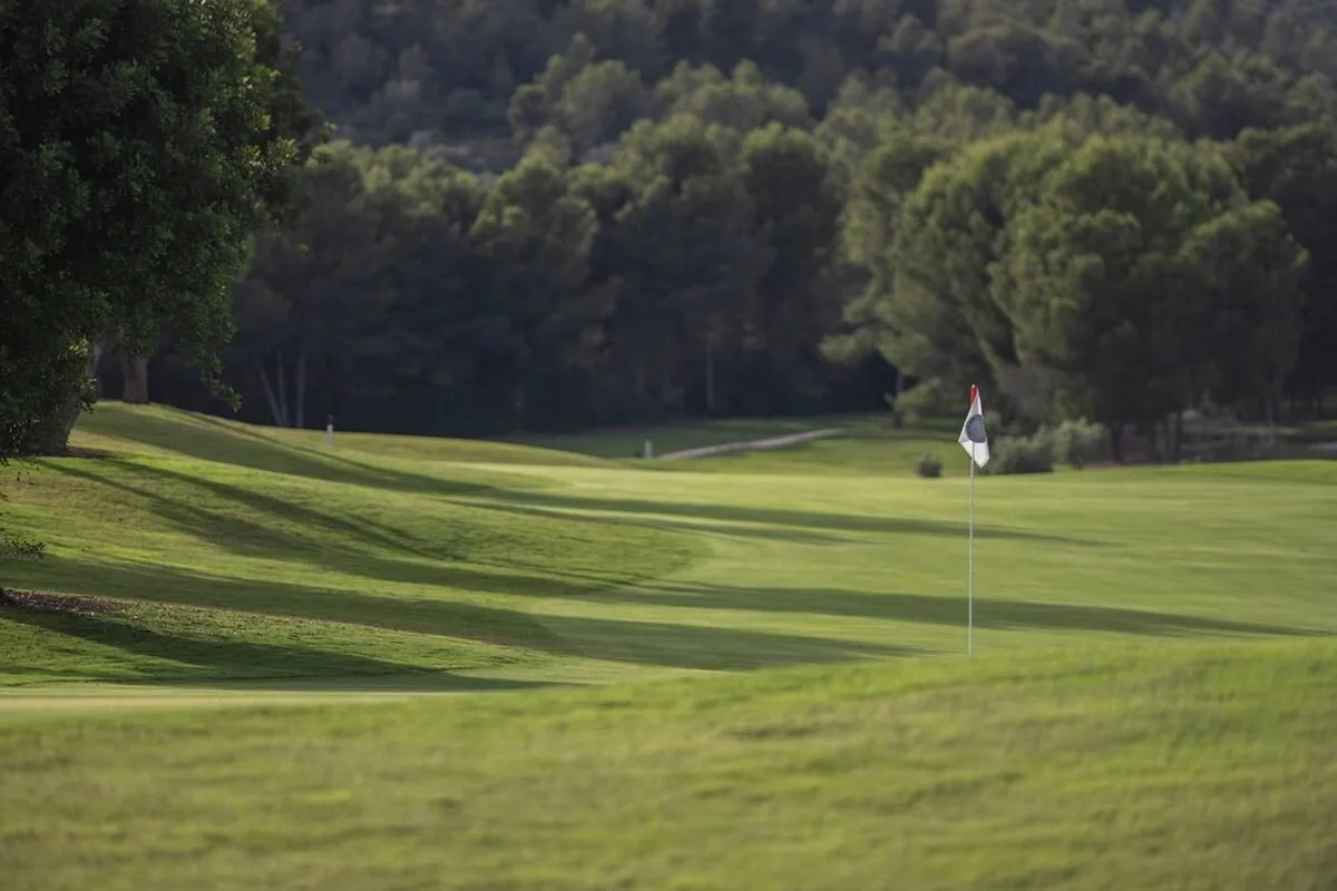 Vista de un campo de golf con césped bien cuidado, árboles y una bandera blanca con rojo y negro en una hoyo.