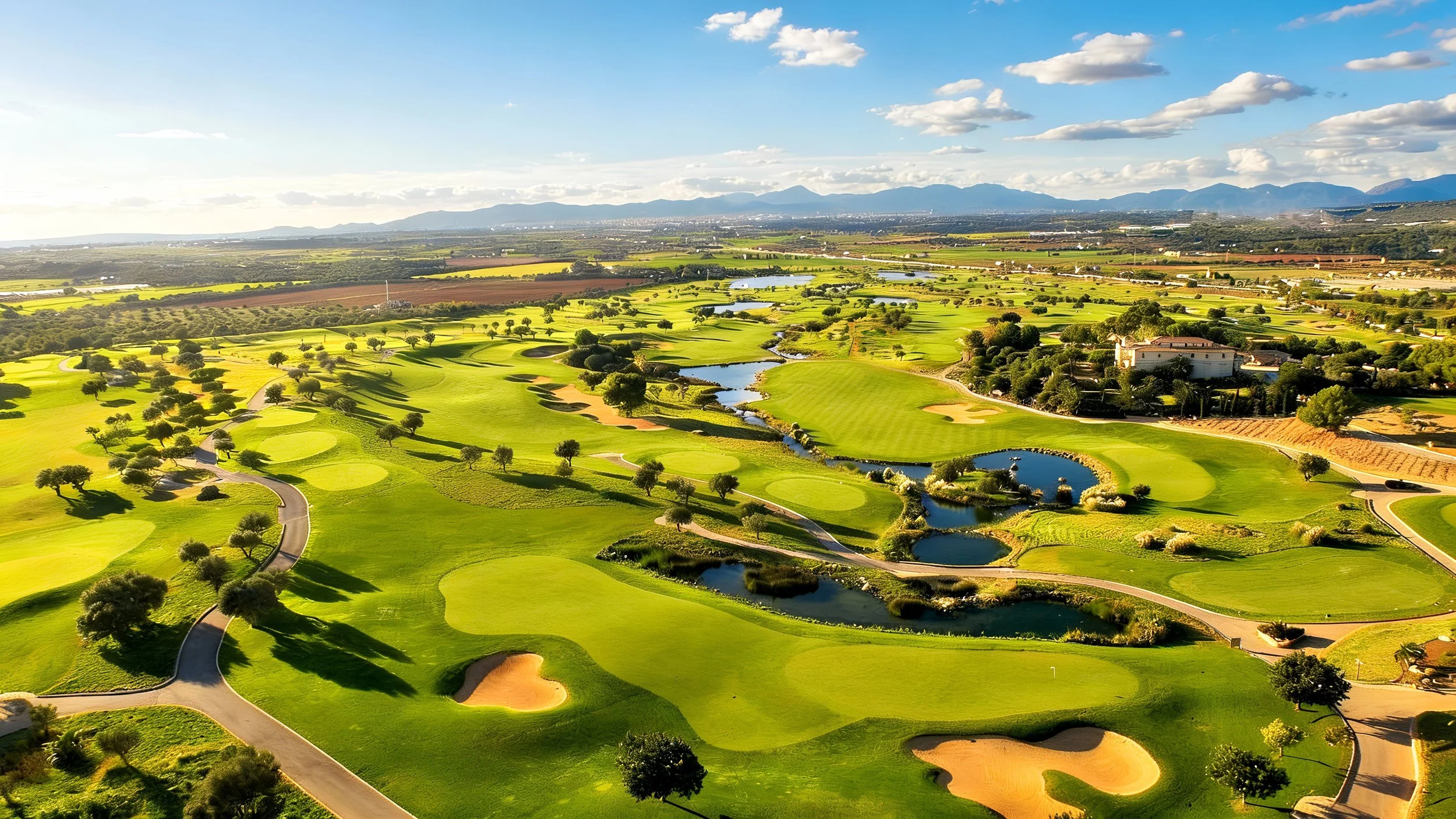 Vista aérea de un campo de golf con lagunas, árboles y caminos, rodeado de amplias áreas verdes y montañas en el fondo en un día soleado con algunas nubes.