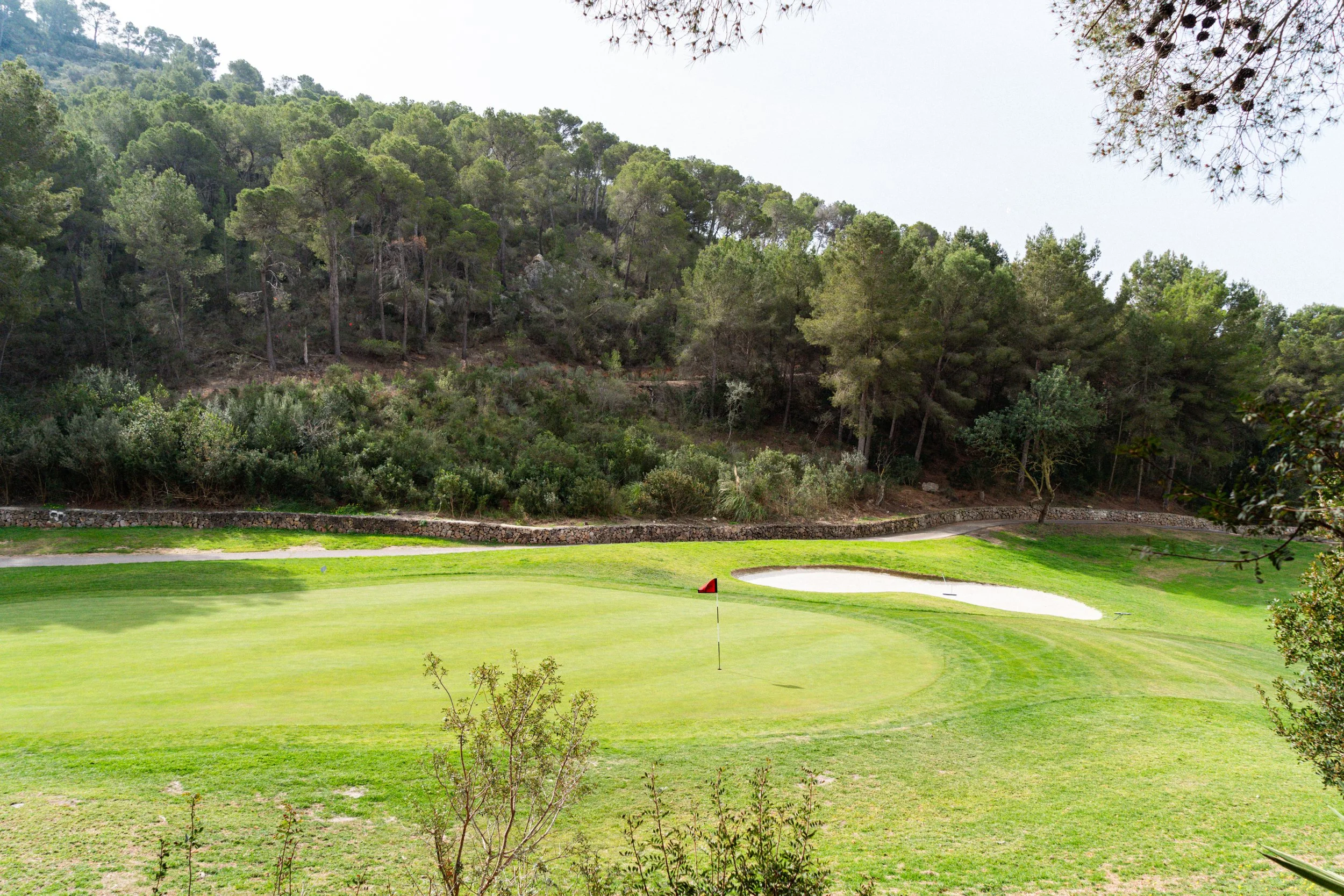 Campo de golf con bandera roja en el hoyo, arena de Bunker y césped bien cuidado, con árboles y colinas en el fondo.