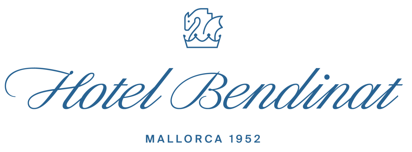 Logotipo del Hotel Bendinat con una corona y caballos, y texto que dice 'Hotel Bendinat Mallorca 1952' en letras azules.