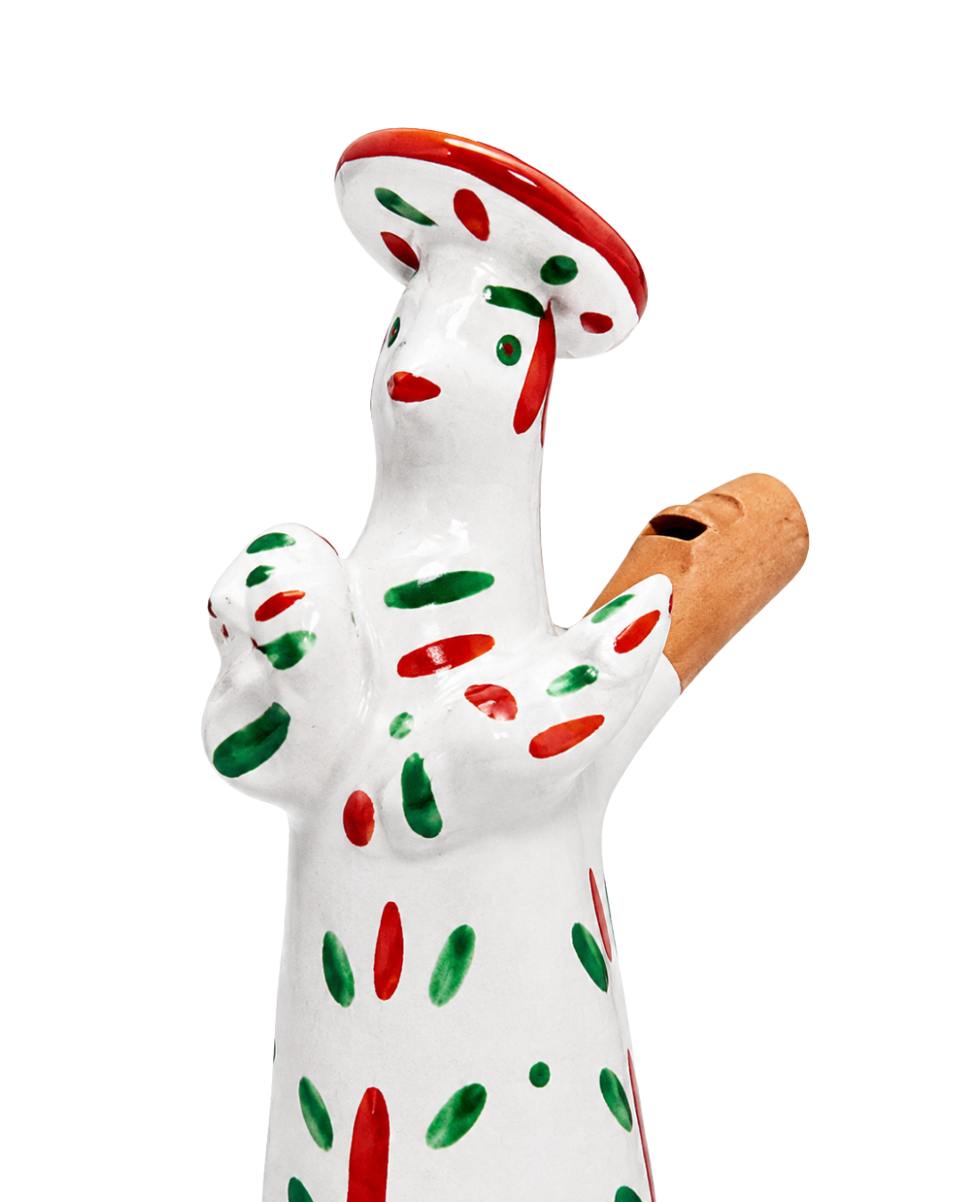 Figura decorativa de cerámica con forma de payaso, pintada con puntos rojos y verdes y sosteniendo un pastel de galleta
