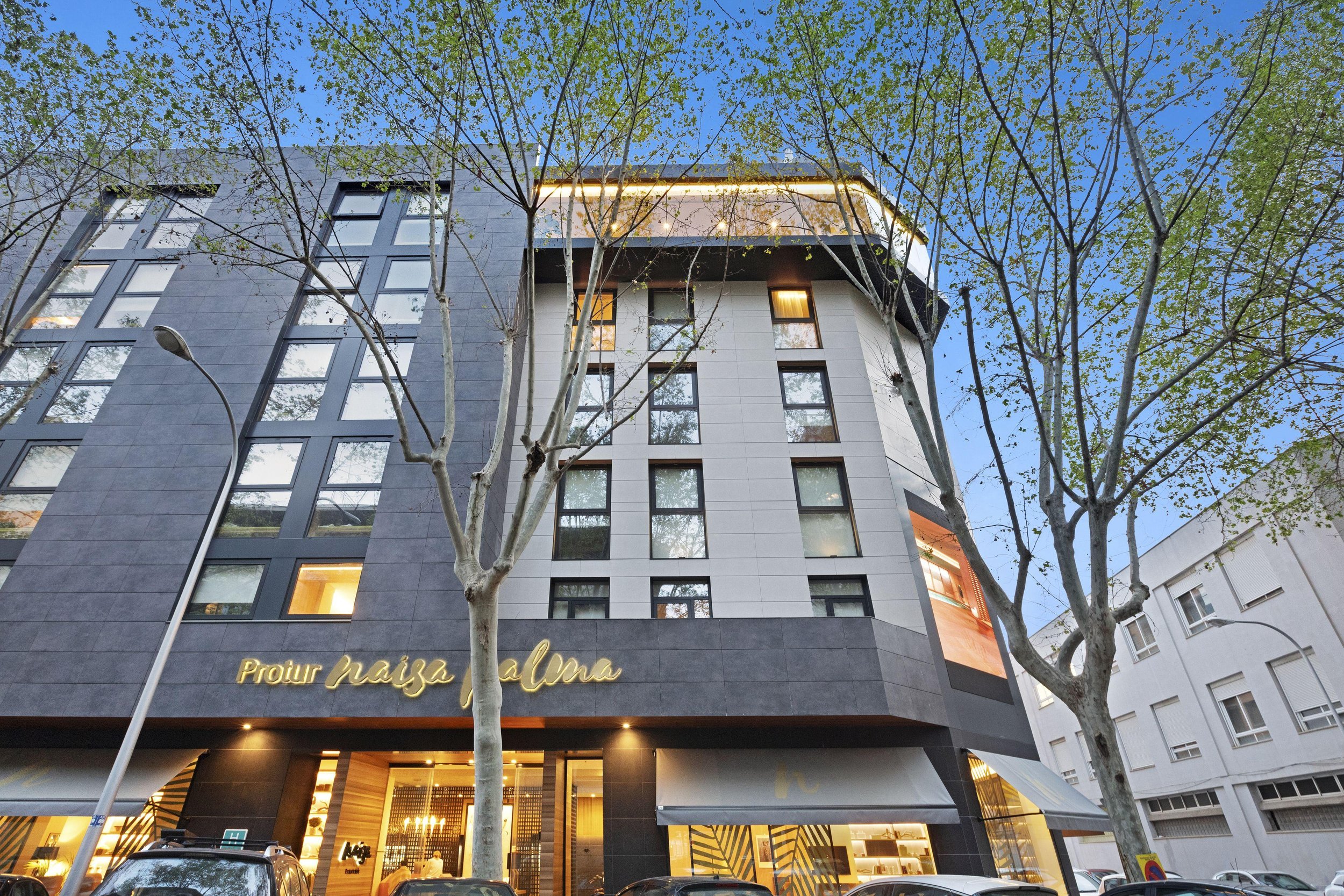 Edificio moderno con fachada gris y ventanas grandes, rodeado de árboles con hojas verdes y un cielo azul en el fondo, con luces encendidas en la planta baja.