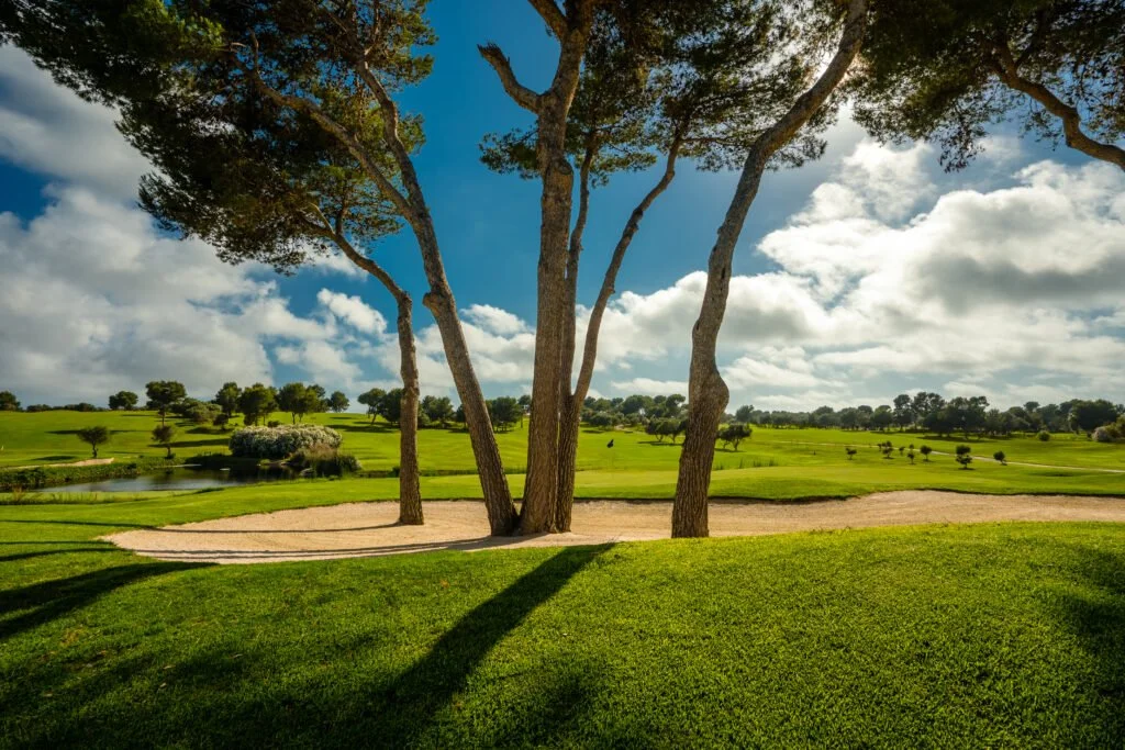 Campo de golf con árboles y arena en un día soleado con cielo nublado.