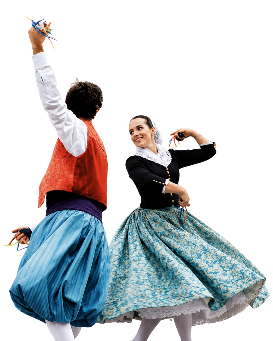 Dos personas vestidas con ropa tradicional bailando en pareja, una mujer con falda larga y otra con pantalones anchos, en una danza folclórica.