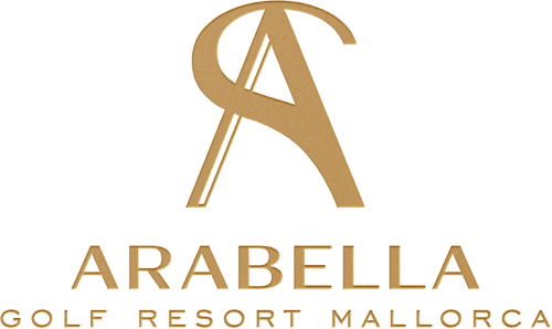 Logo con letras A y S entrelazadas, nombre 'Arabella' y la leyenda 'Golf Resort Mallorca' en letras doradas sobre fondo negro.