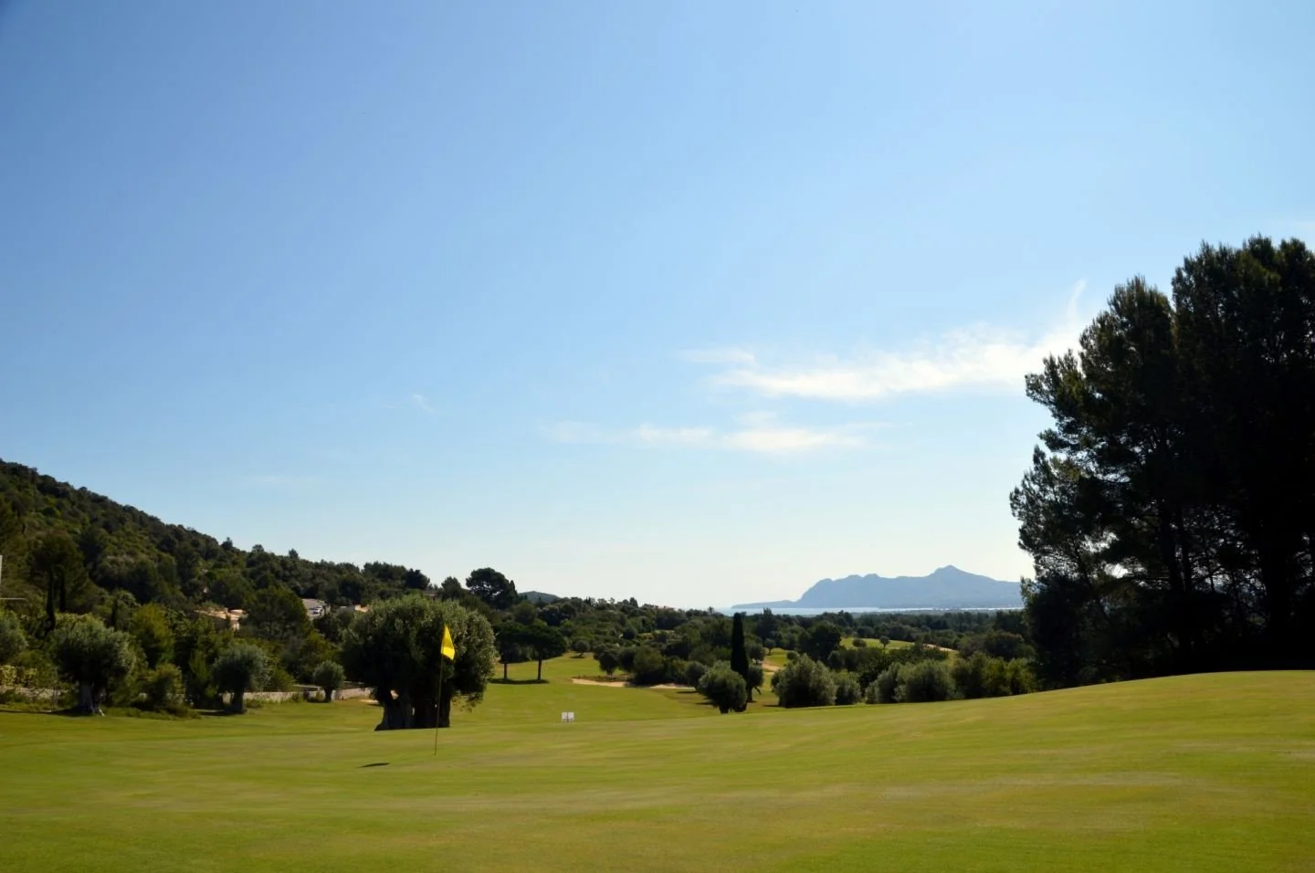 Un campo de golf con varios árboles, un banderín amarillo, y un paisaje de montañas y océano en el fondo, bajo cielo despejado.