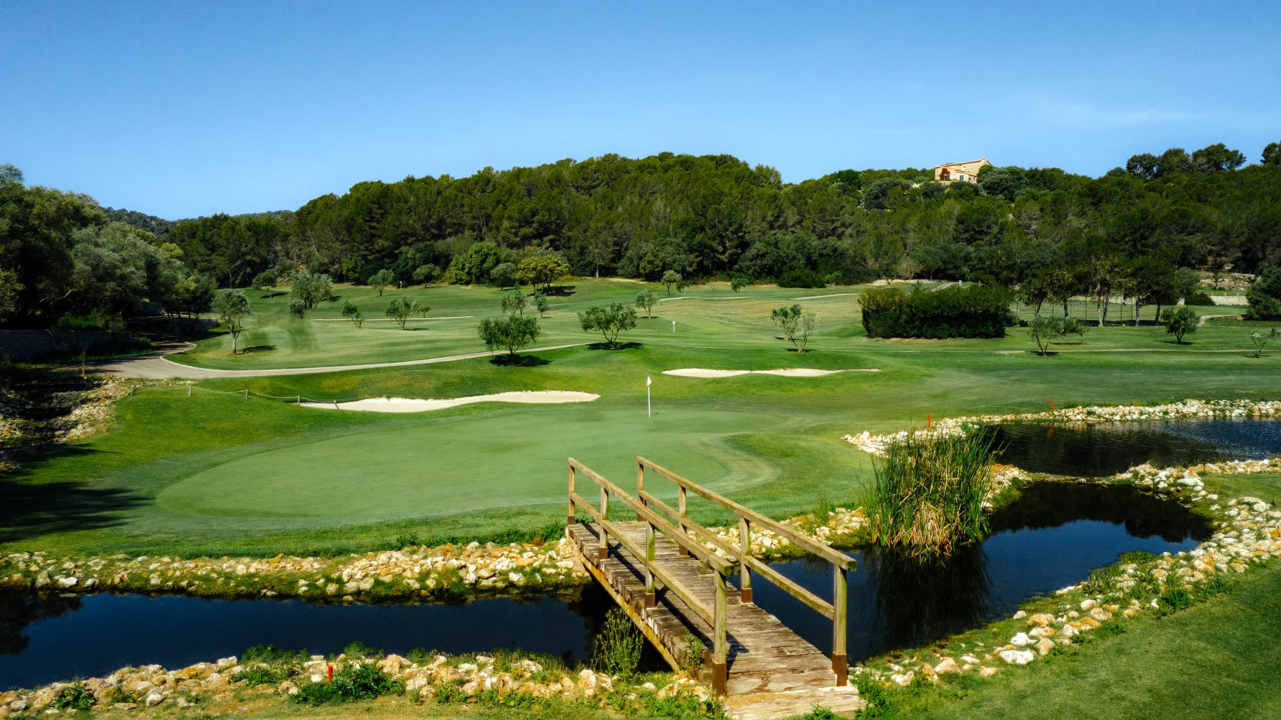 Vista de un campo de golf con un puente de madera, estanques, césped verde, árboles y una colina con casas al fondo bajo cielo despejado.