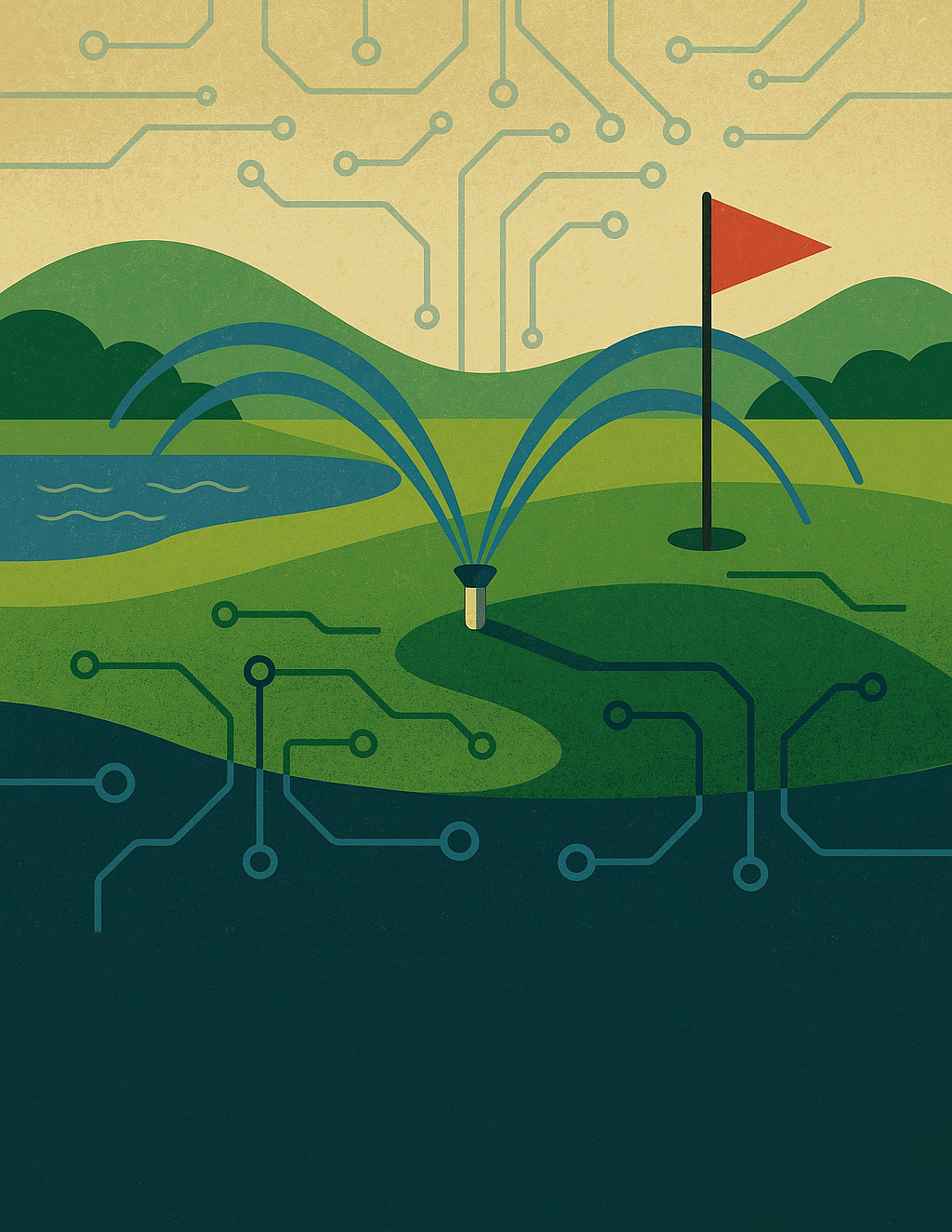 Ilustración estilizada de un golfito con una bandera en un campo natural y un sensor de riego que controla el agua, con un fondo de circuito electrónico que simboliza tecnología e innovación.