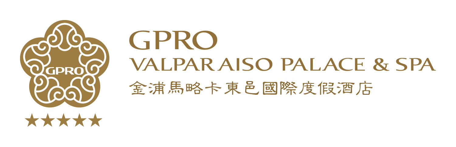 Logotipo del GPRO Valparaiso Palace & Spa con 5 estrellas y texto en inglés, chino y español