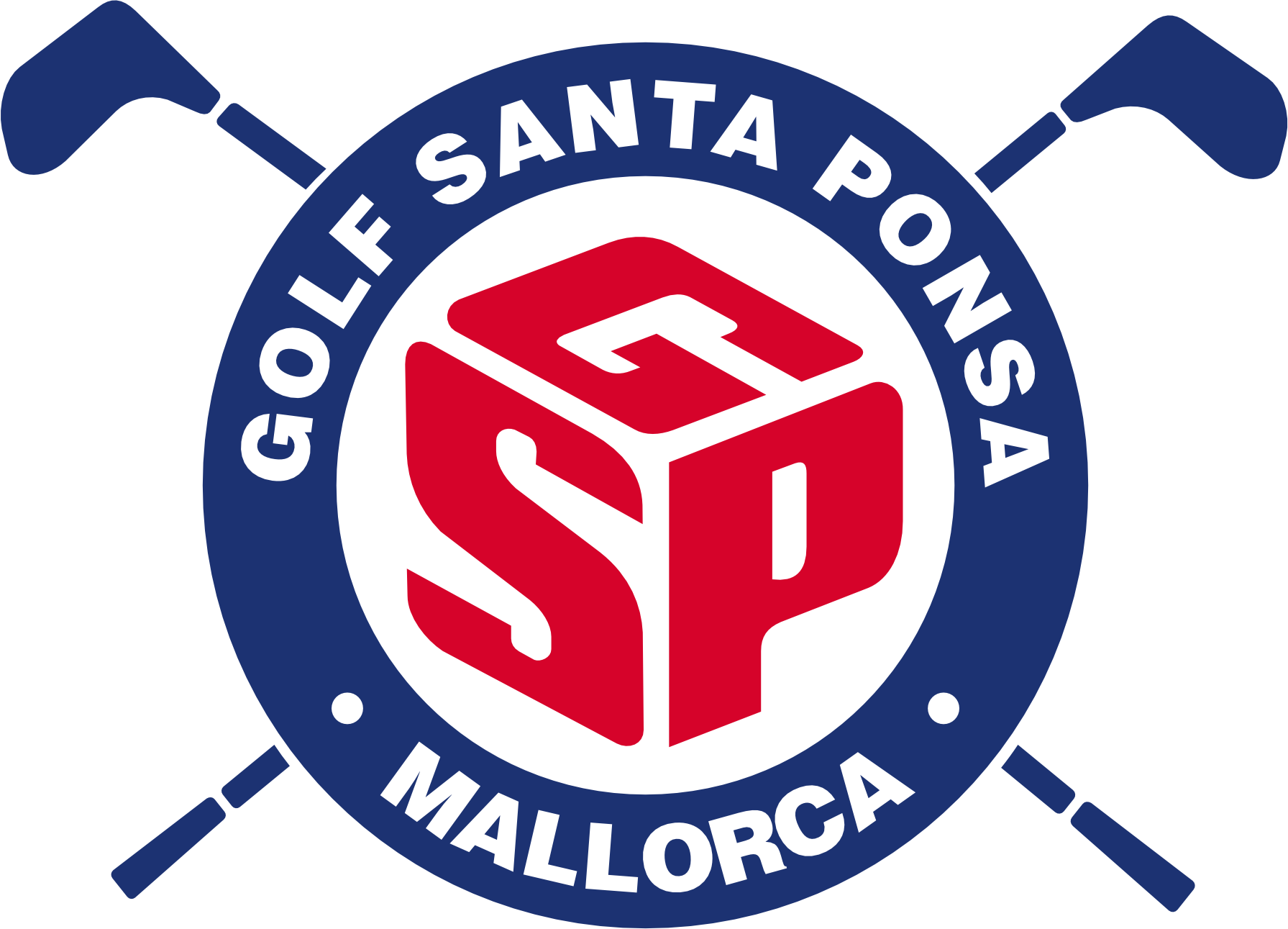 Logotipo de Santa Ponta Golf en Mallorca con una pelota de golf, un cubo con las letras S y P, y una corona de golf en color azul con letras negras.