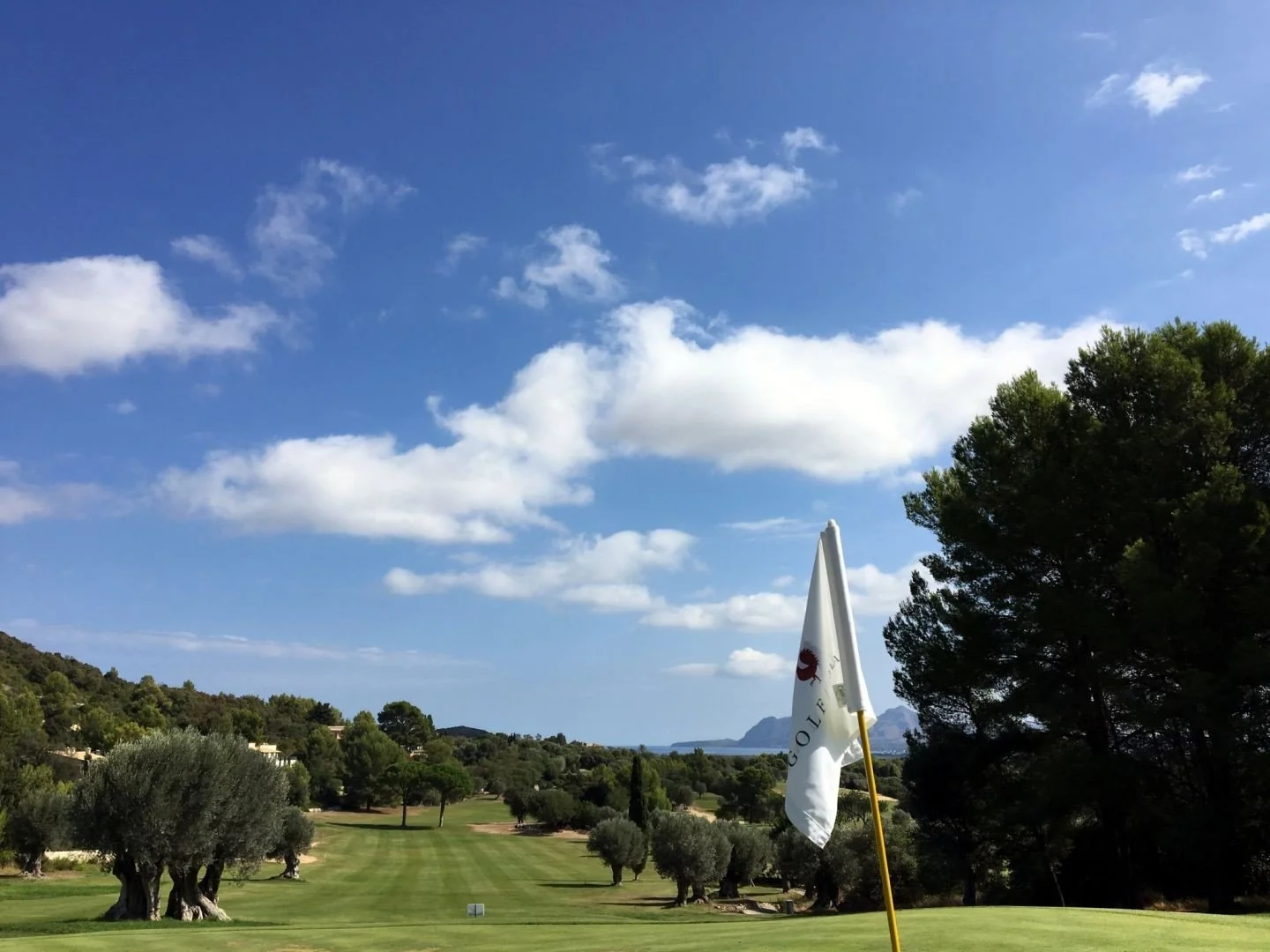 Vista del campo de golf con árboles, bandera de golf y paisaje montañoso bajo cielo con nubes.