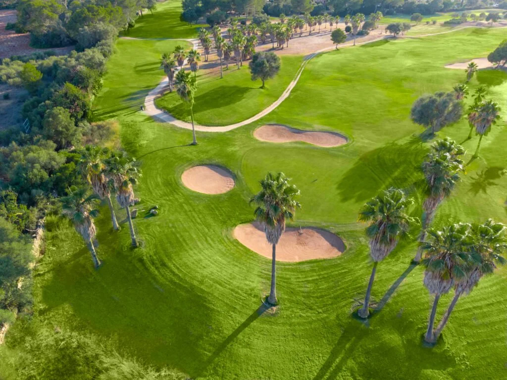Campo de golf con árboles y búnkers, vistas desde el aire