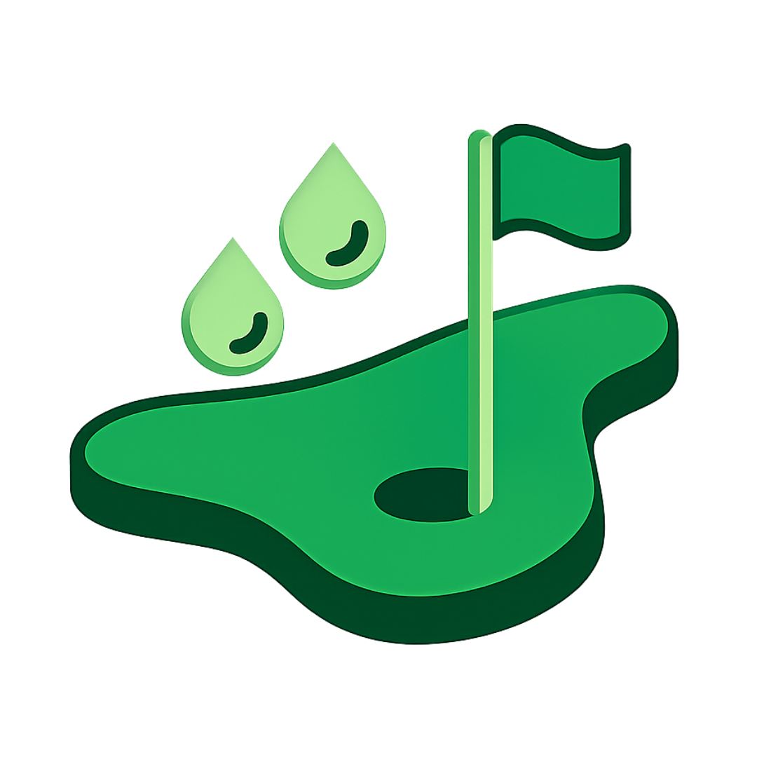 Icono de un campo de golf con bandera y dos gotas de agua