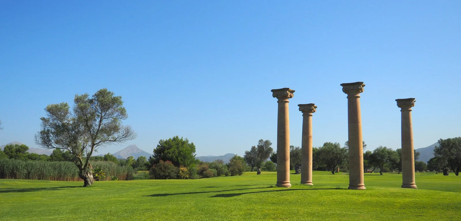 Campos verdes con árboles y columnas antiguas en un paisaje con montañas al fondo bajo un cielo despejado.