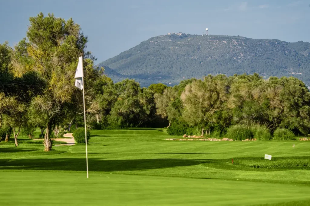 Campo de golf con bandera en primer plano, árboles y montañas en el fondo
