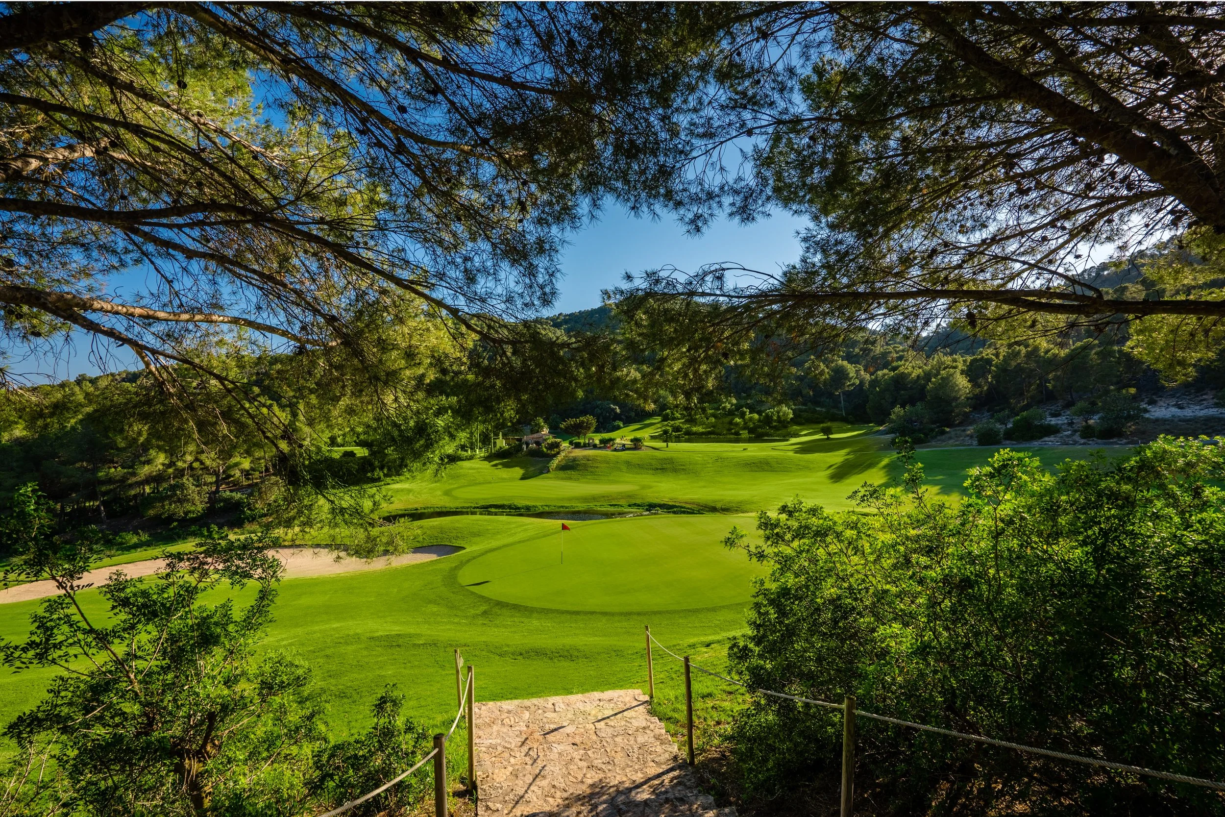 Vista de un campo de golf rodeado de árboles con colinas y cielo azul claro.