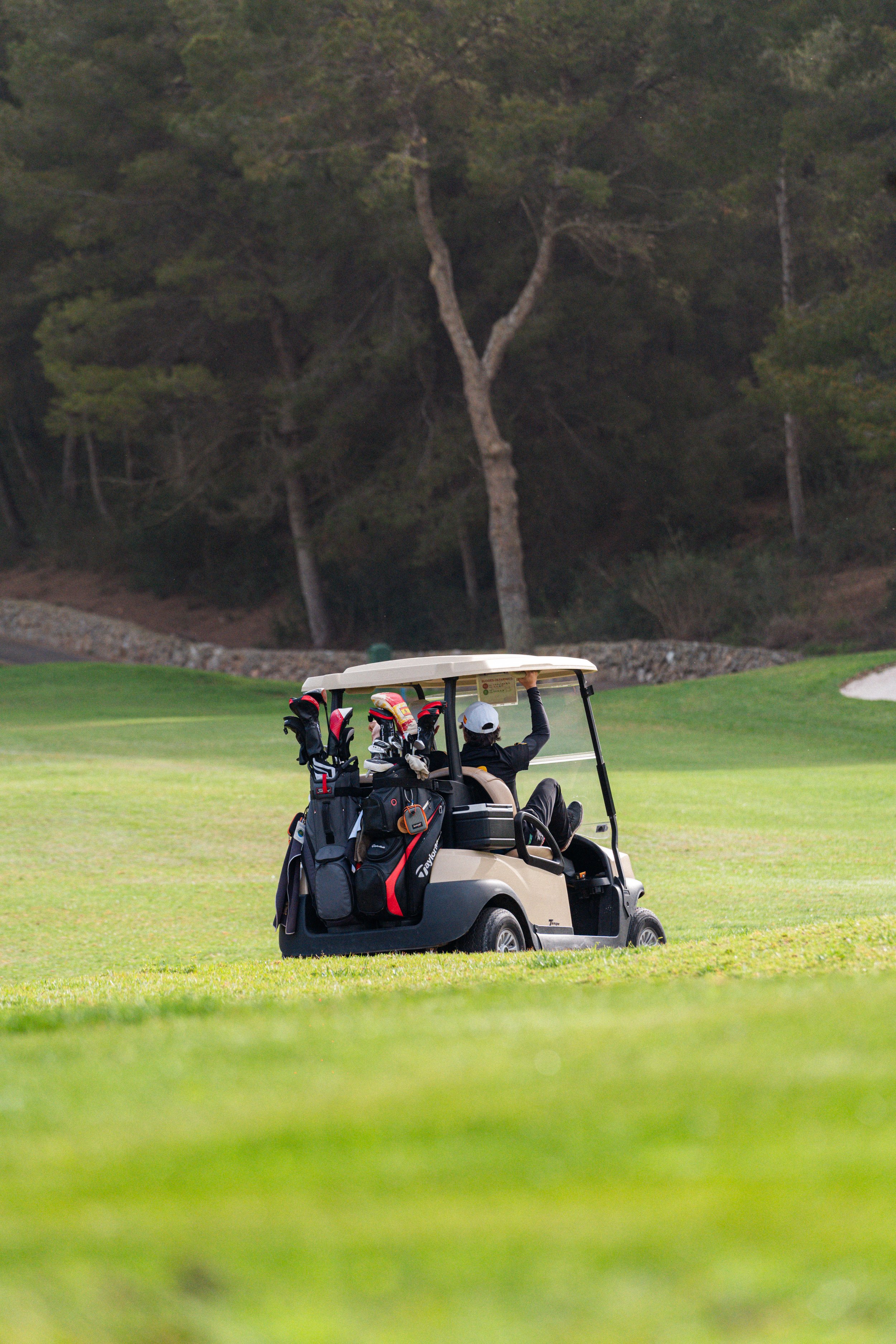 Personas jugando golf en un campo, dentro de un carrito con palos de golf.
