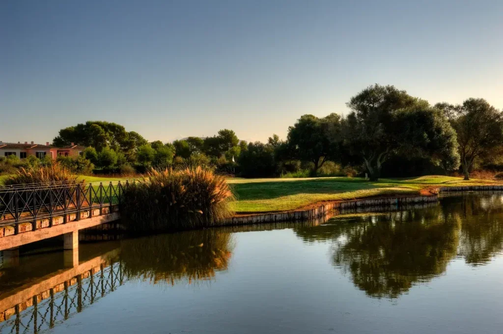 Vista de un lago con árboles y césped, con un puente peatonal de hierro y una zona residencial al fondo durante el atardecer.