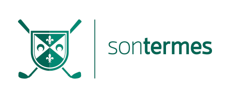 Logotipo del club de golf Son Termes con escudo y palos de golf a los lados.