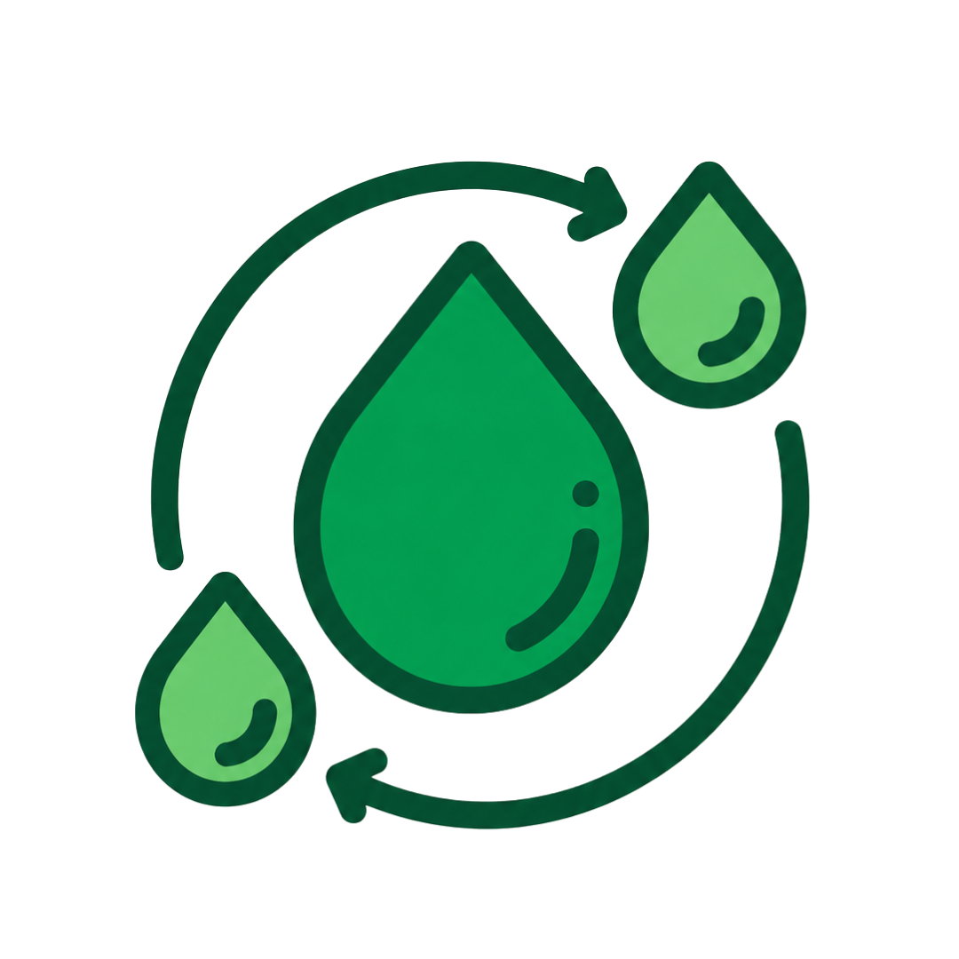 Icono de gotas de agua verdes con flechas en círculo que representan reciclaje o ciclo del agua.
