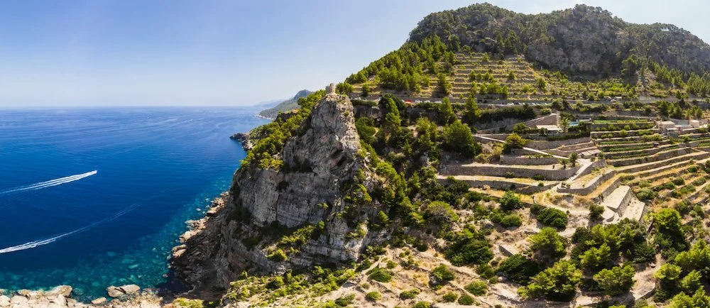 Paisaje costero con acantilados, vegetación y mar en el fondo