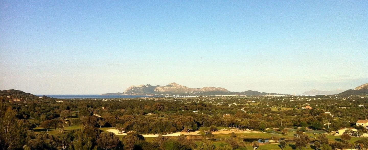 Vista panorámica de un paisaje con árboles, casas, agua y montañas en el fondo