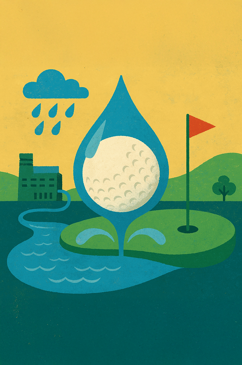 Ilustración de un campo de golf con un campo, un hoyo, una bandera, un río, una fábrica, una nube con lluvia, y un volcán en el fondo.