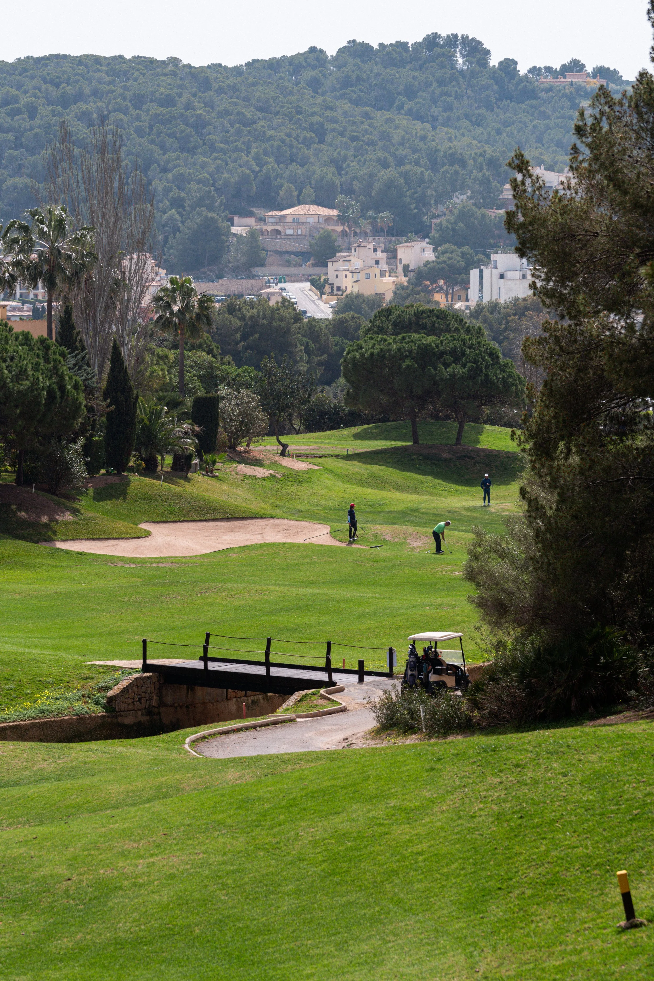 Vista de un campo de golf con jugadores en el campo y un carrito de golf en primer plano, rodeado de árboles y colinas en el fondo.