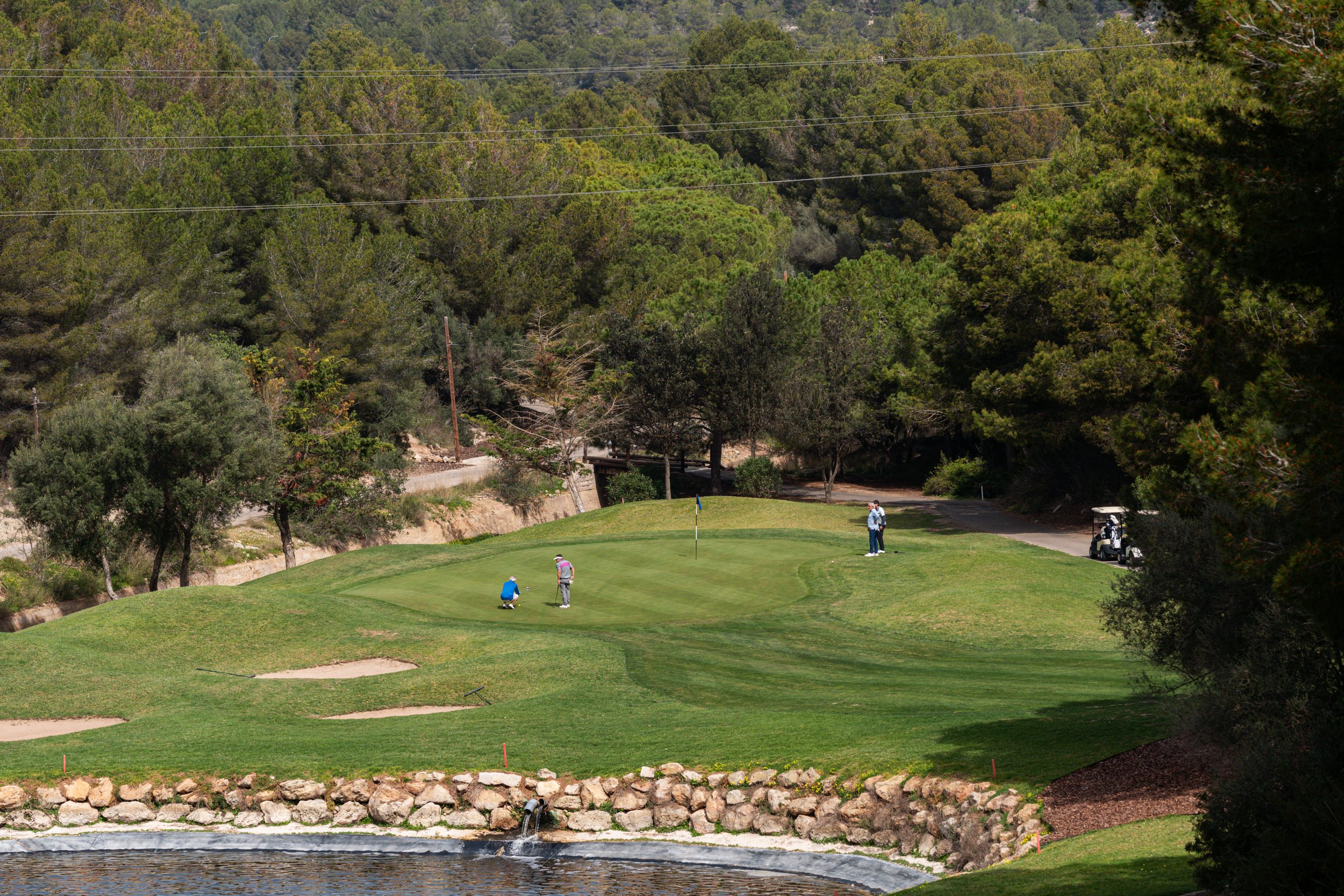 Jugadores de golf en un campo con árboles, cerca de un estanque con rocas y un pequeño salto de agua.