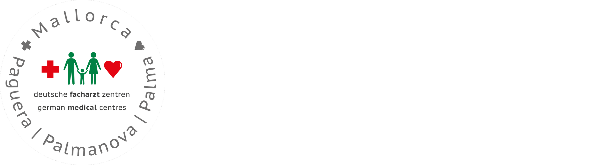 Logotipo que incluye un símbolo de cruz roja, una familia, y un corazón, con texto en alemán que dice 'deutsche facharzt zentren' y en inglés 'german medical centres'. A la derecha, el texto 'MEDICUM MALLORCA' con íconos de una cruz, una familia y un corazón.